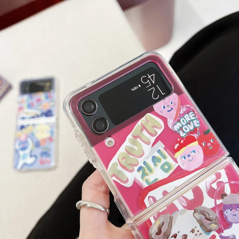 Colorful English Graffiti Cat Dog Phone Case for Samsung Galaxy Z Flip 4 3 Hard Cover for ZFlip3 Zflip4 Solid Shell Bracket