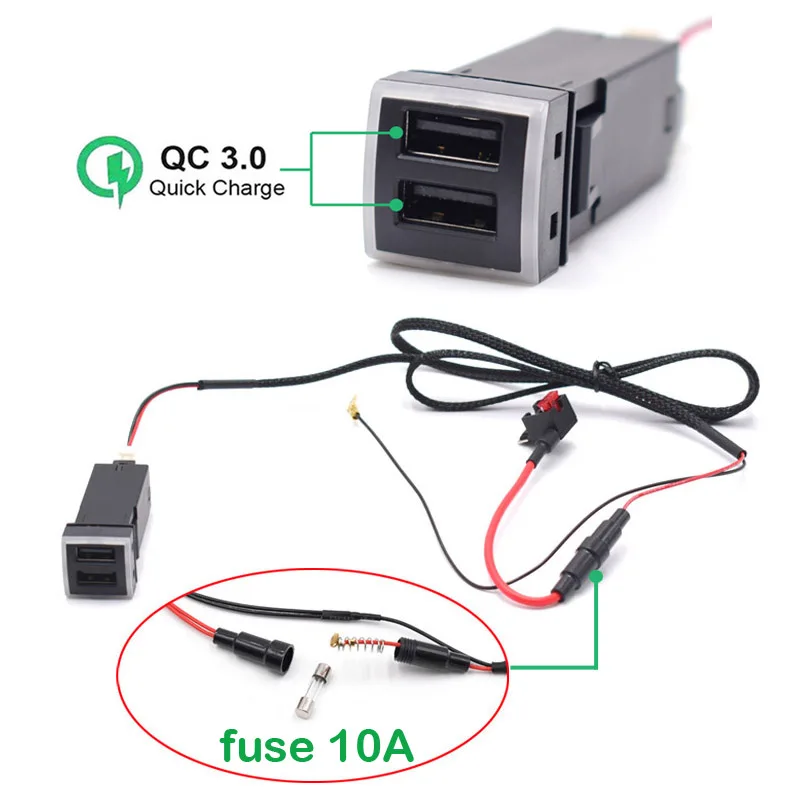 Двойное быстрое автомобильное зарядное устройство 12 В 22x22 мм 2 USB QC3.0 с Bluelight для