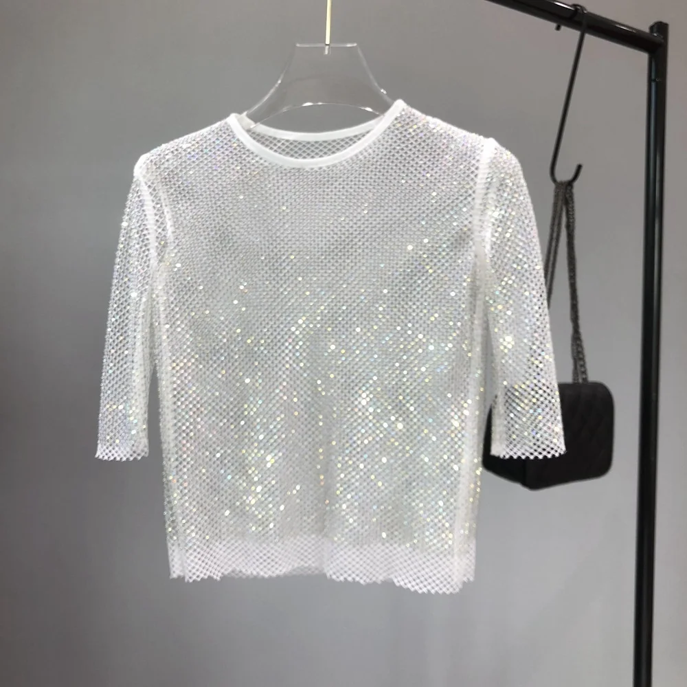 

Sparkly Diamond Fishnet T-Shirt Women See Through Rhinestone Hollow Out Festival Rave Party Sexy Tops Tee Nightclub Shirts