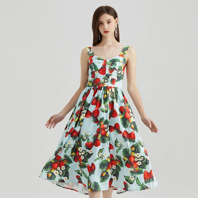 

Runway Fashion Sweet Floral Print Party Dress Elegant Summer Women Sleeveless High Waist Casual Holiday Party Dresses Vestidos