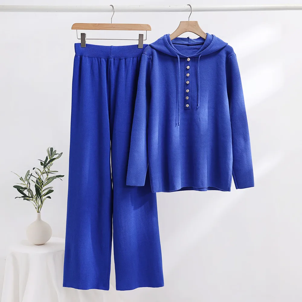 

Autumn Fashion Casual Sports Knitted Suits Hoodie+Elastic Waist Wide Legs Long Pants Winter Two Pieces Sets