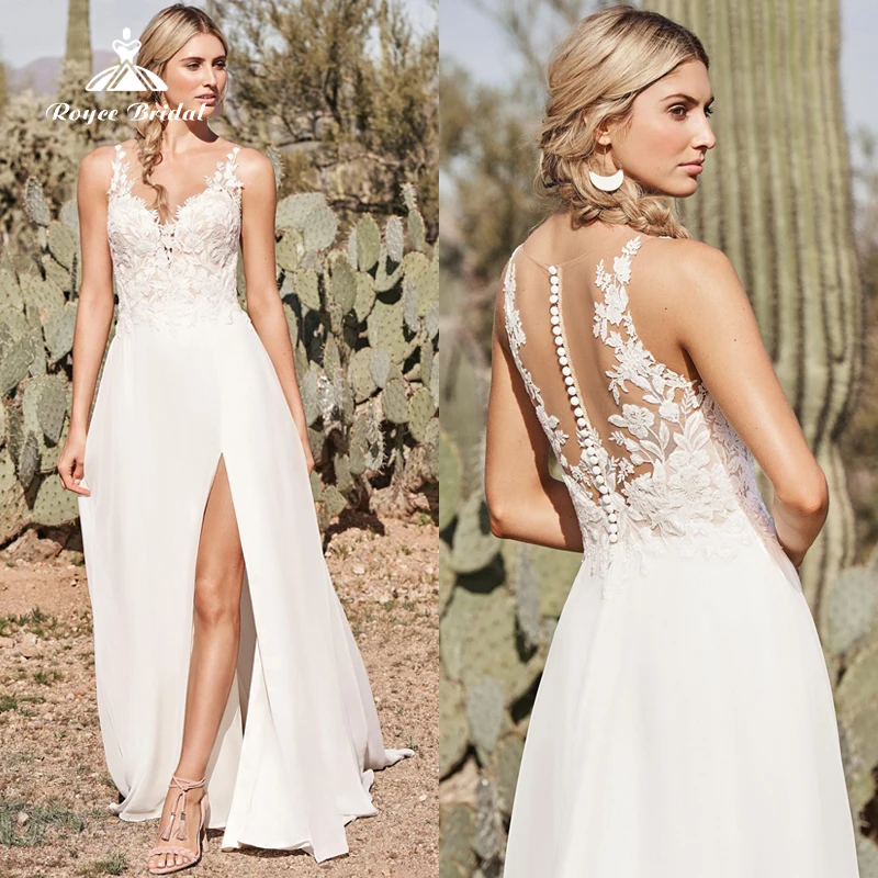 

Boho V-neck Spaghetti Straps Sexy Split See-Through Back Button Lace Applique A-Line Wedding Dress Chiffon Bridal Sweep vestidos