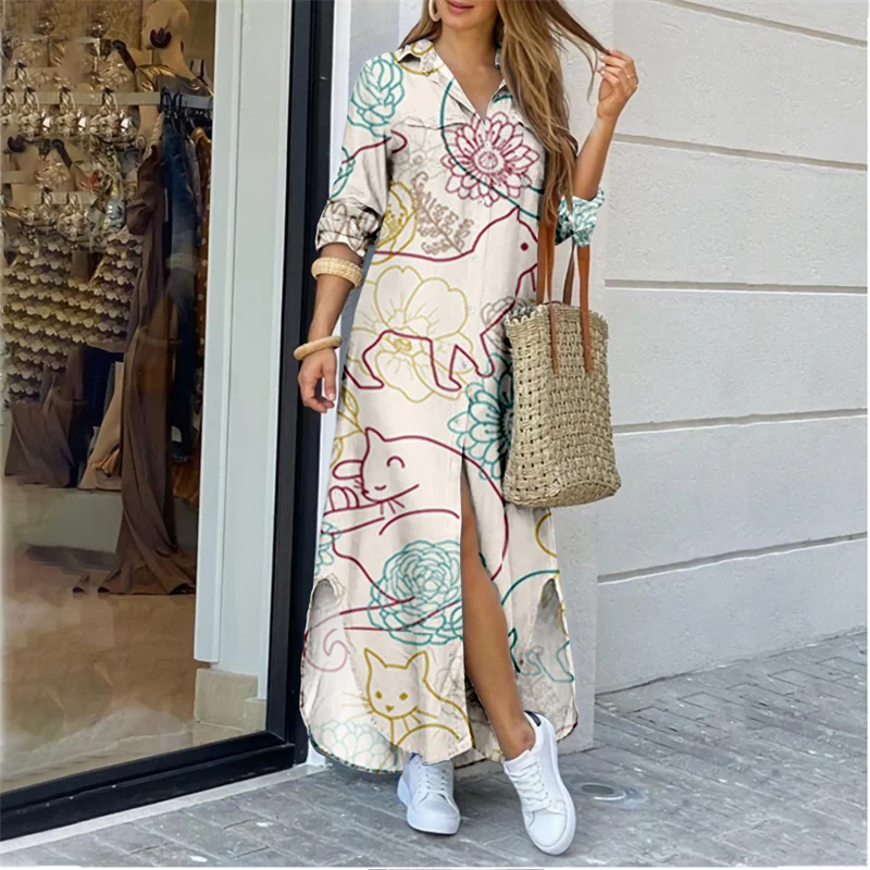 

Spring Summer Women'S Shirt Long Dress Color Lapel Pattern Printing Fashion Collection Cross-Border Clothing Holiday