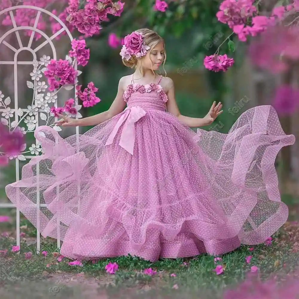 

Dot Boho Beach Flower Girl Dresses For Wedding Spaghetti Straps Bohemian Toddler Pageant Gowns 3D Appliqued Princess Dresses