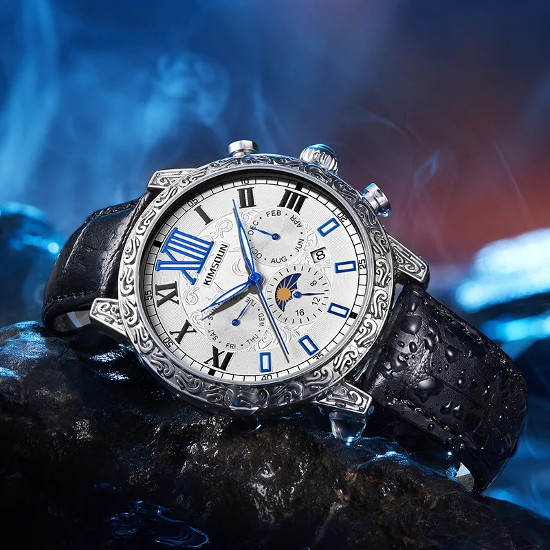 

New Fashion Carved Men's Watch Luminous Quartz Watch Moon Phase Mulitifunction Business Sports Clock Male Relogio Masculine