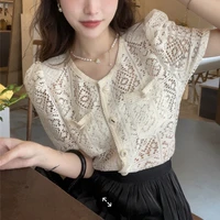 qoerlin lace hollow out single breasted tops shirts summer short sleeve women blouse elegant o neck pocket korean chic cardigan
