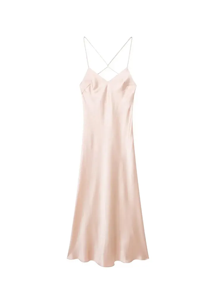 

Nlzgmsj Summer Fashion Sexy Women Slip Dress Cross Back V Neck Sleeveless Backless Thin Straps Female Satin Midi Dresses