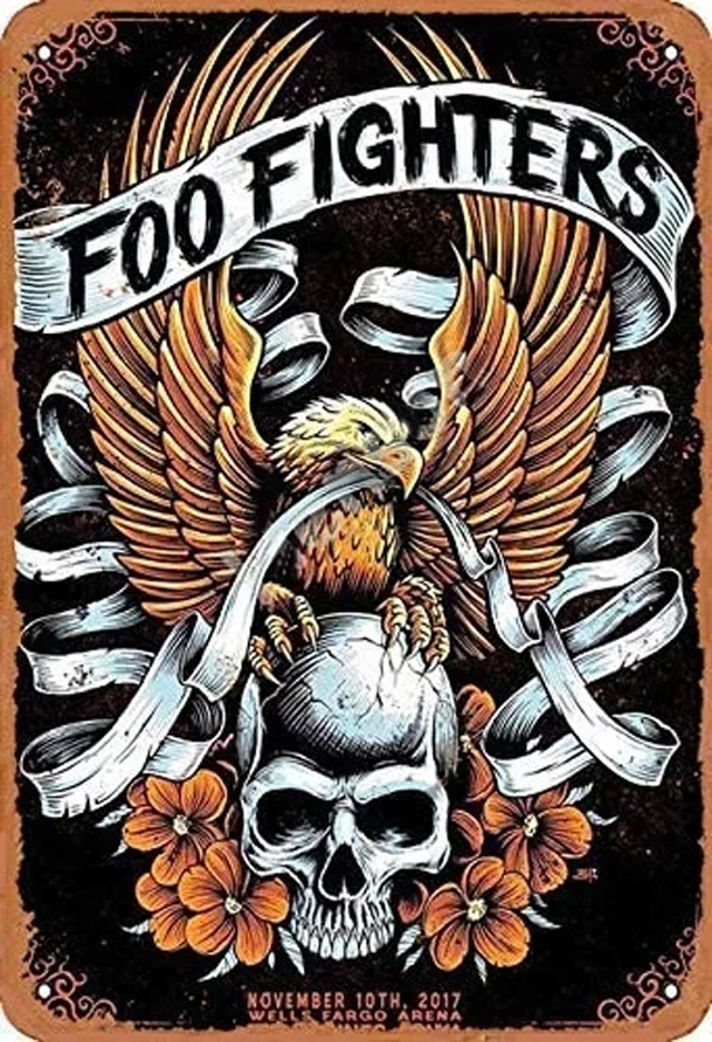 

Foo Fighters Tin Sign Skeleton Wall Metal Retro Craft Art Painting Iron Plate Office Garden Living Room Decor Warning Poster