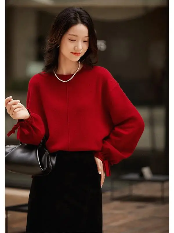 Xiaoxiao Hangbo Kendi Красный флисовый вязаный топ из ангоры с круглым вырезом и длинными