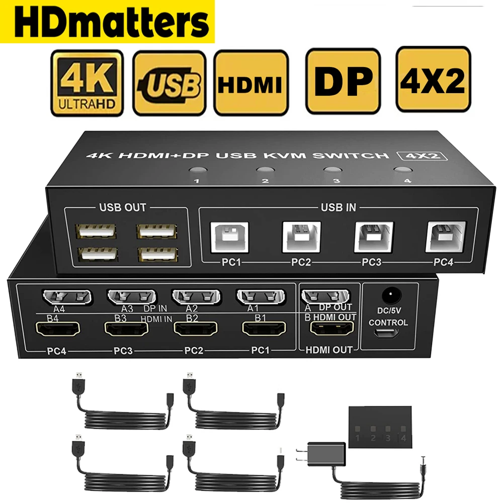 

4 порта HDMI + DisplayPort KVM переключатель двойной монитор 4 компьютера 4K @ 60 Гц смешанный дисплей 4X2 2X2 DP USB KVM переключатель 4 в 2 выход для 4 ПК