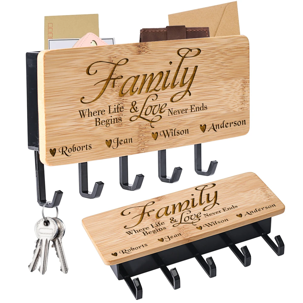 

Personalized Customized Hanger Key Hook Family Home Hook Up Keys Ring Holder Decorations Creative Bamboo Furniture Hooks Gifts