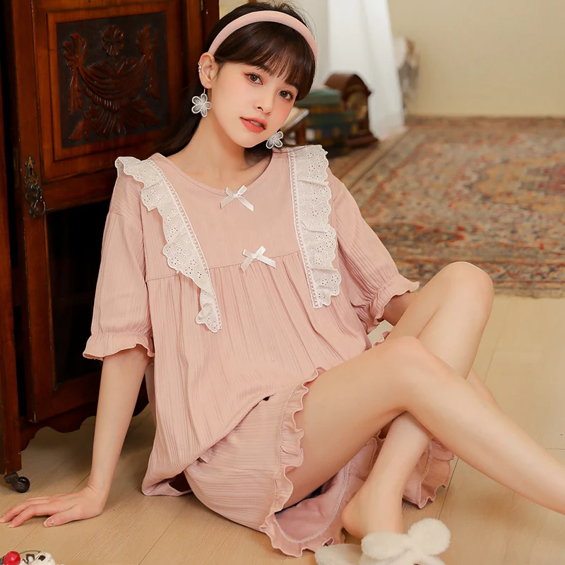 Women's Lolita Princess Lace Pajama Sets Cotton Tops+Shorts Vintage Ladies Girl's Lace Pyjamas Set Summer Sleepwear Loungewear