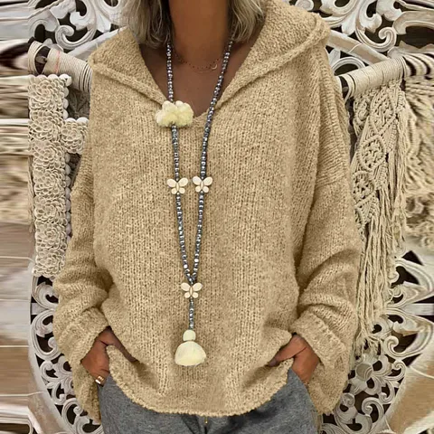 Женский Однотонный свитер с длинным рукавом, вязаный пуловер с капюшоном в стиле бохо, Вязаный Свитер оверсайз, зима-осень 2023