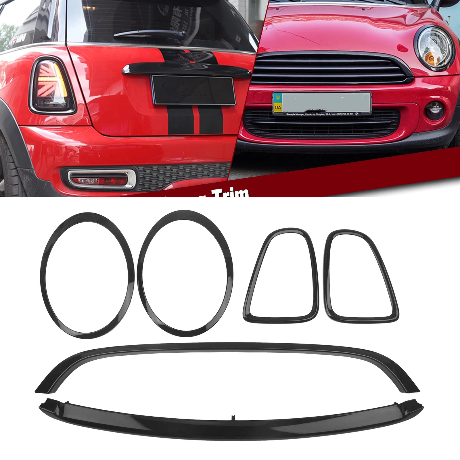 

Front Head Lamp+Rear Light Cover Frame+Grille Grill Bezel Trim For MINI COOPER R55/R56/R57 2007-2013 Base Gloss Black Clip On