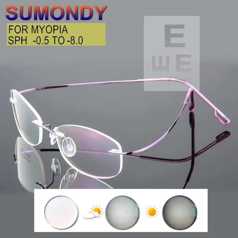 

Blue Ray Blocking Photochromic Rimless Myopia Glasses Prescription -0.5 to -8.0 Women Men Ellipse Frame Index 1.61 or 1.67 UF171