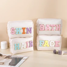 Women Girls Preppy Patch Waterproof Chenille Letter Skincare PU Leather Portable Makeup Cosmetic Toiletry Bag for Daily Use