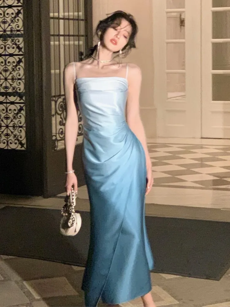 

Summer Women's Retro Elegant Sleeveless Spaghetti Strap Party Prom Wedding Dress Chic Skinny Mid Length Vestidos Women's Dresses