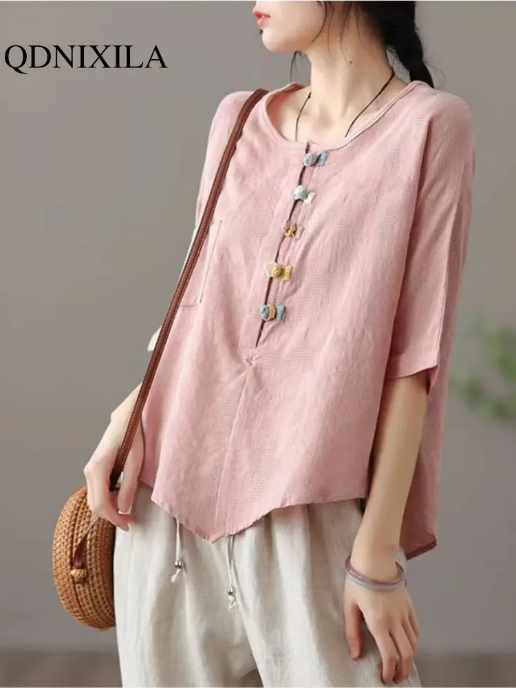 

Woman Shirts and Blouses Loose Casual Solid Irregular Buckle Round Neck Elegant Vintage Oversized 2023 Summer Clothes for Women
