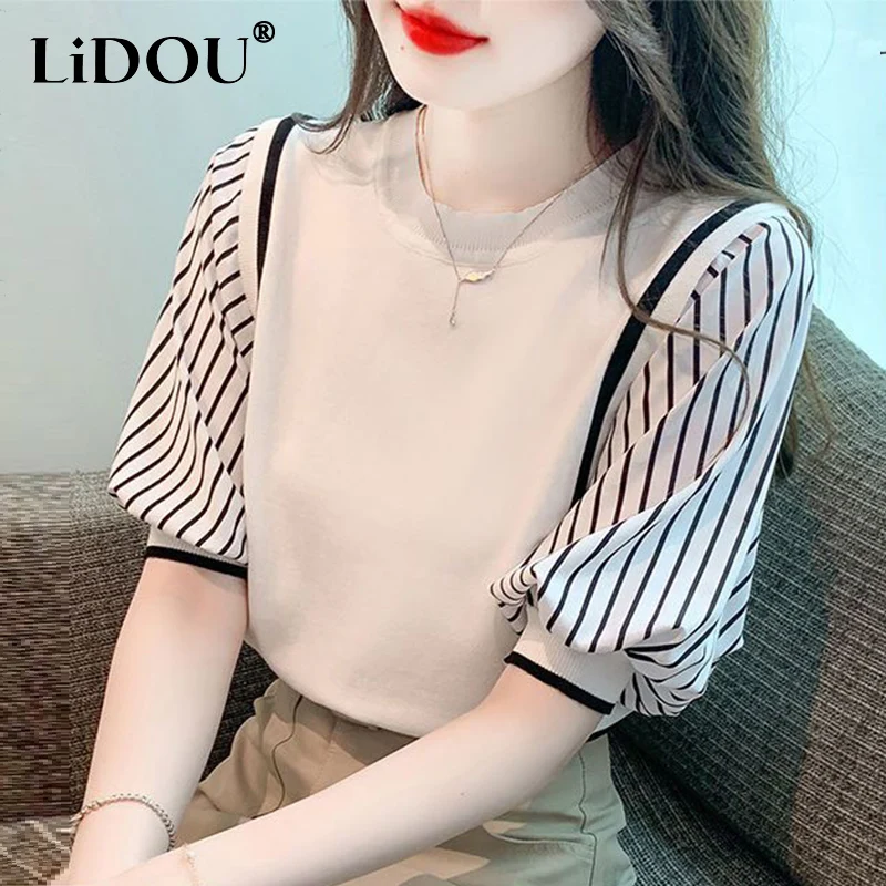 Летняя Повседневная модная Имитация двух частей полосатый лоскутный пуловер