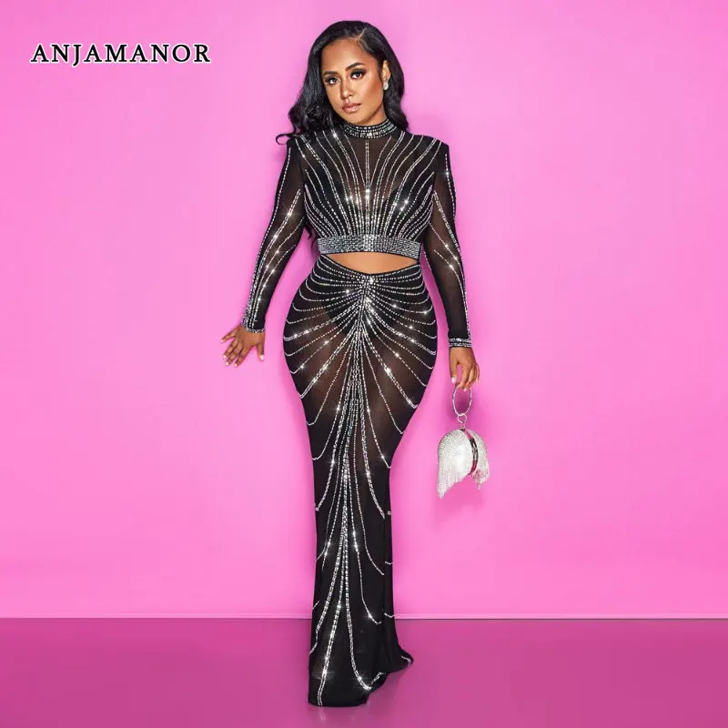 

ANJAMANOR Sexy Crystal Long Sleeve Evening Dresses 2 Piece Set Black Gown Birthday Party Outfits Luxury Clothes Women D57-HB46