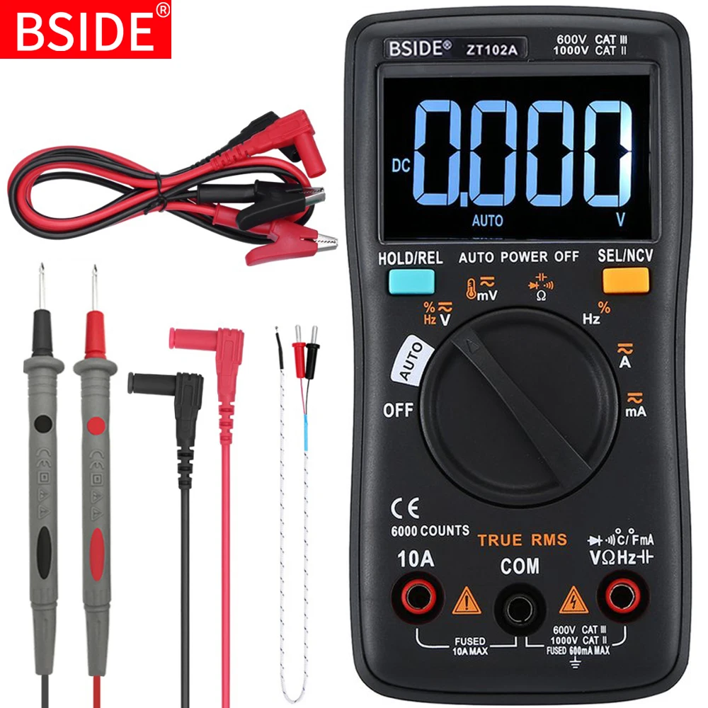 

Digital Multimeter BSIDE ZT102A True RMS Auto Range Multimetro Voltmeter Ammeter Capacitance Temperature Ohm HZ NCV Tester