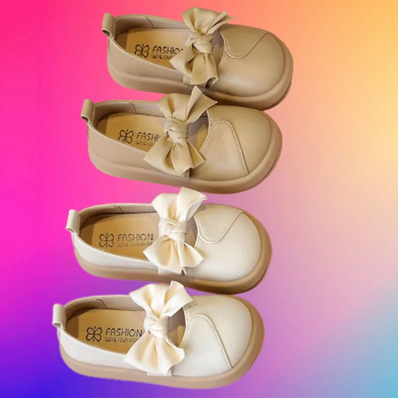 

Kids Girl Leather Shoes with Large Butterfly-knot Beige Khaki Formal Girls Prom Party Shoes Child School Slip on Footwear G08062