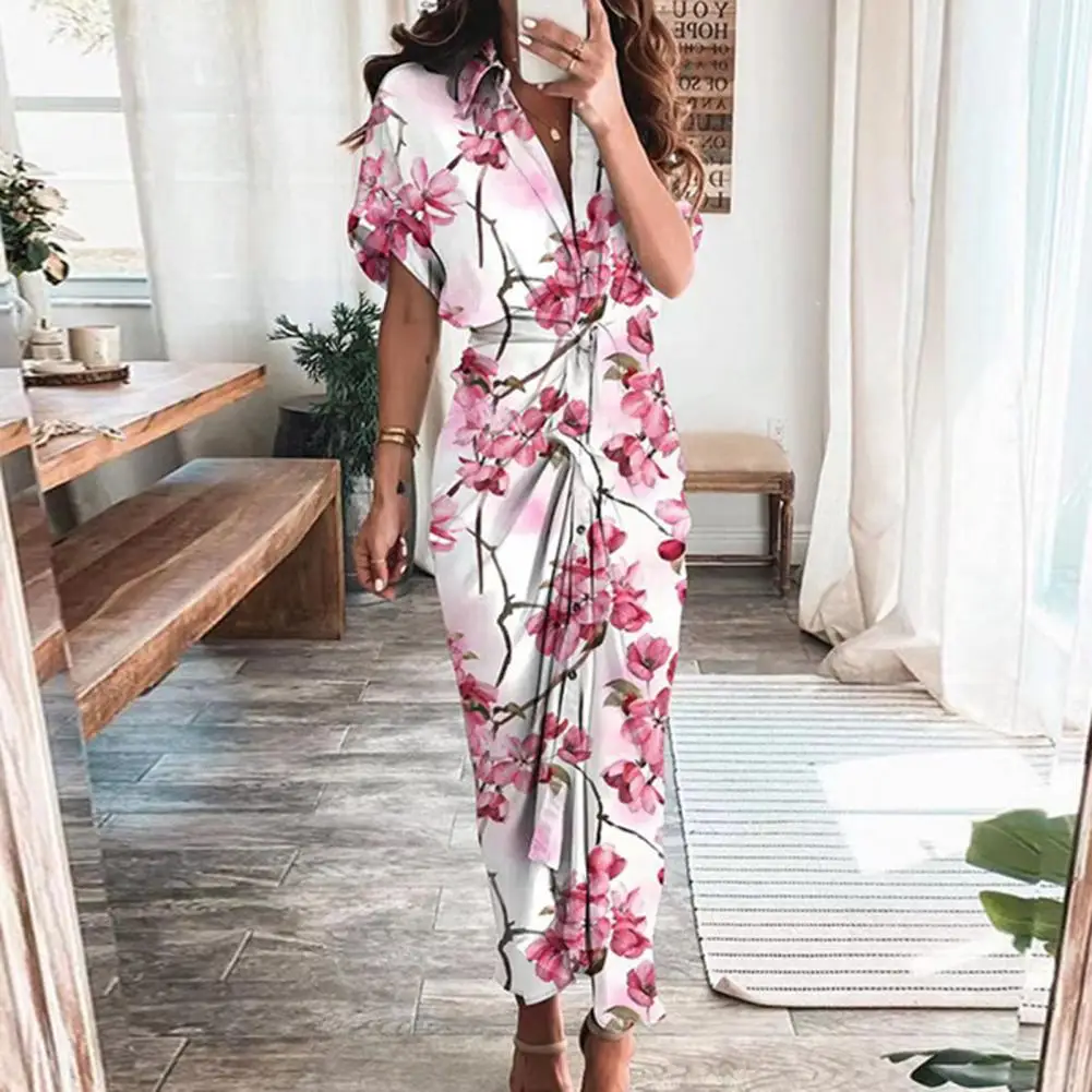 

Женское винтажное платье-миди с запахом, V-образным вырезом и коротким рукавом