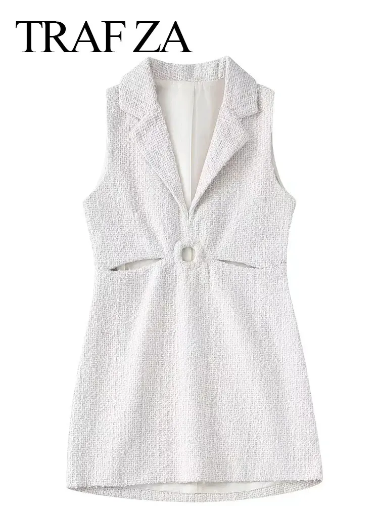 

TRAF ZA Elegant Women's Suit Collar Short Dress Sleeveless Pullover Hollow Solid Color White Slim Sexy Fashion Commuter Dress