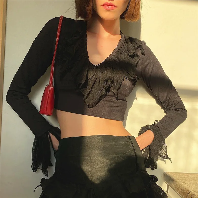 

Женская Винтажная футболка с оборками Y2K, облегающий укороченный топ с V-образным вырезом и длинным рукавом в стиле ретро 1920-х годов