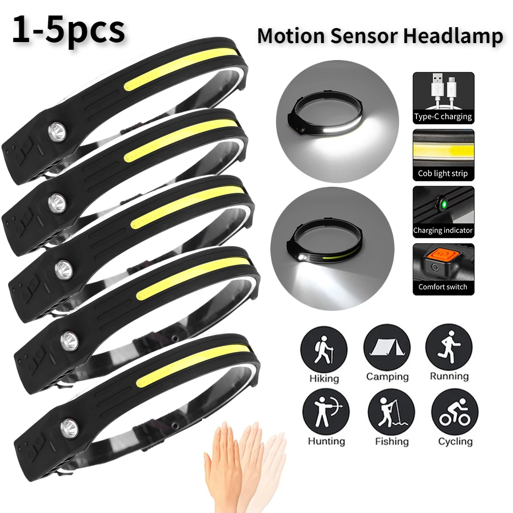 

1-5pcs Motion Sensor XPE COB LED Headlamp USB Rechargeable Flashlight Head Torch Waterproof Work Light Outdoor Headlight
