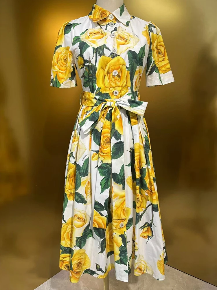 Винтажное однобортное платье с отложным воротником и принтом на завязках