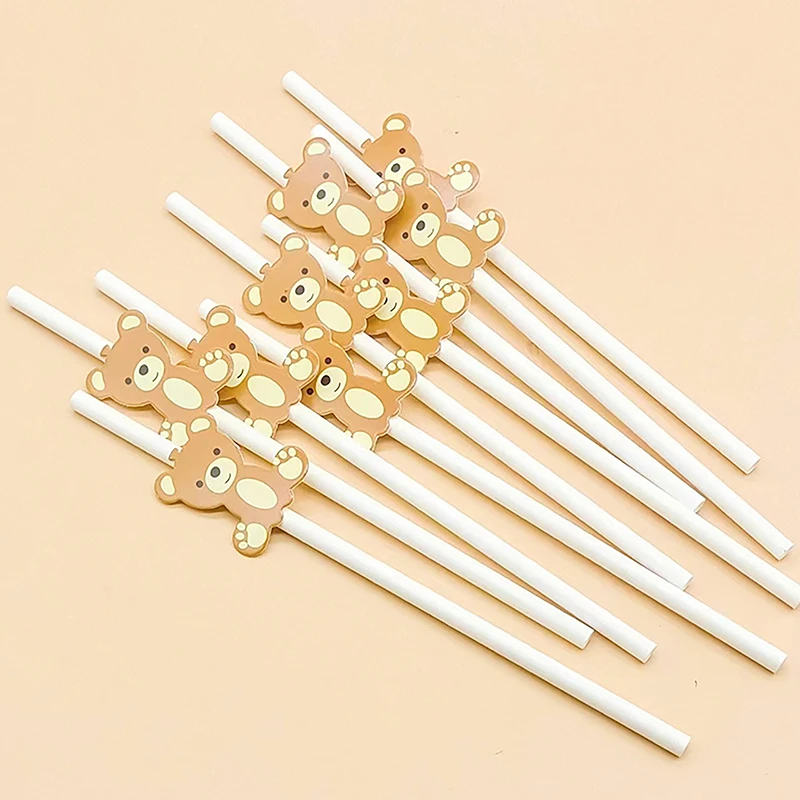 20Pcs Bear Paper Straws Little Cutie Straws White Brown Bear Disposable Drinking Paper Straws for Little Cutie Baby Shower Decor