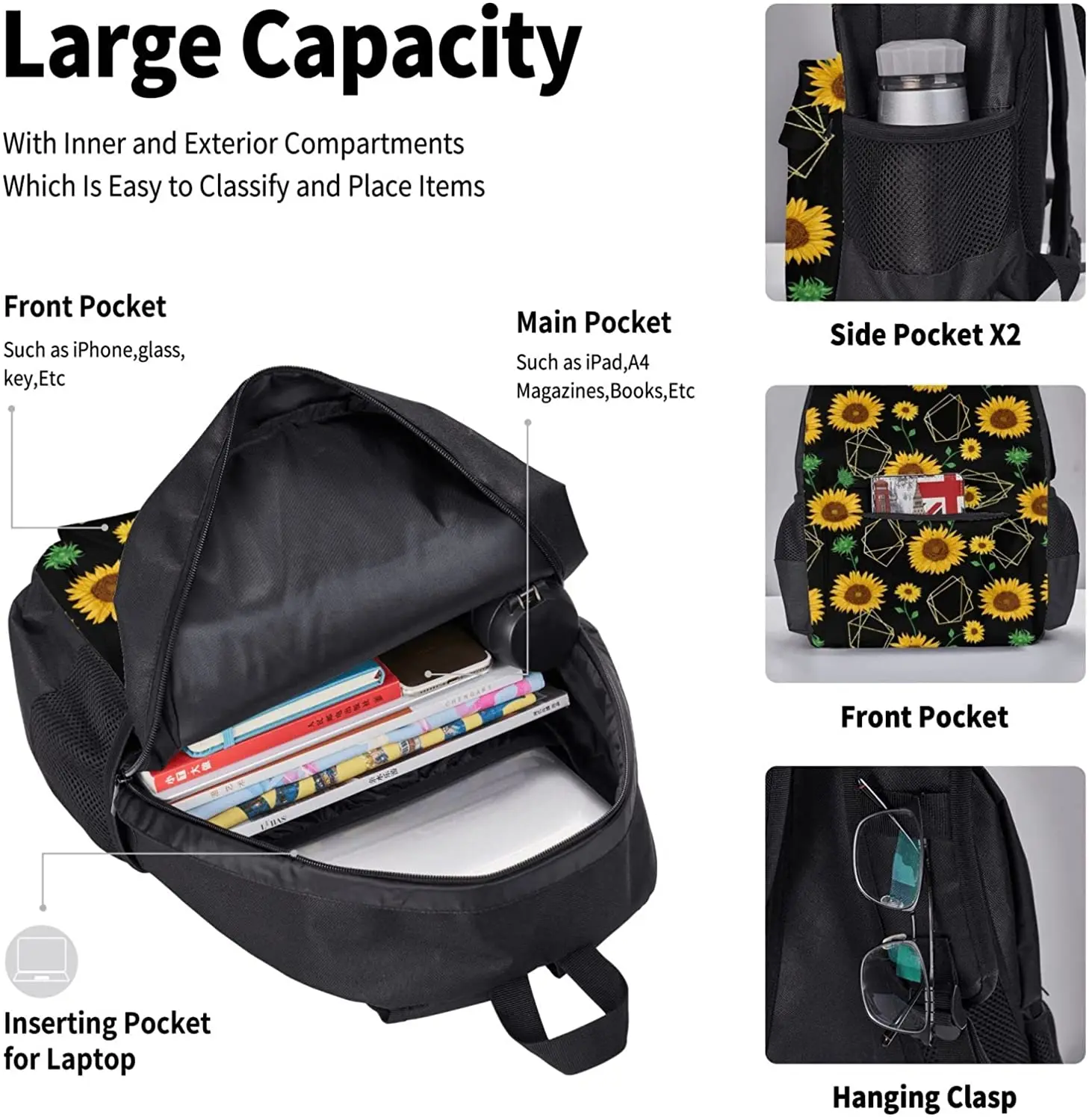 3Pcs Sunflower Flower Backpack Set with Lunch Box Pencil Case, School Book Bag for Preschool Kindergarten Elementary Kids