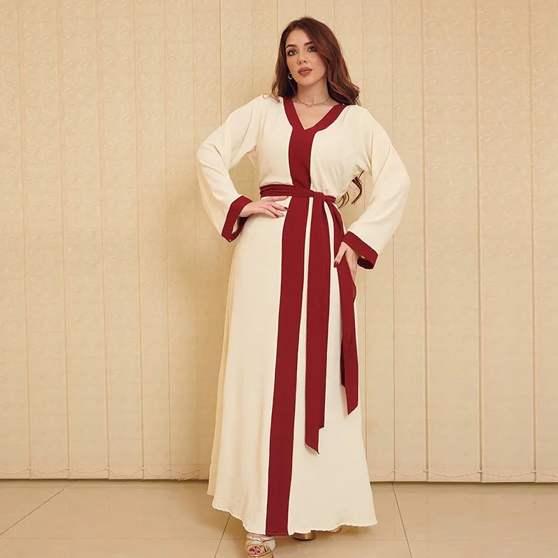 Ramadan Long Sleeve Maxi Eid Splicing Dress Women V Neck 2022 Elegant Moroccan Caftan Modest Islamic Turkey For Muslim Dresses