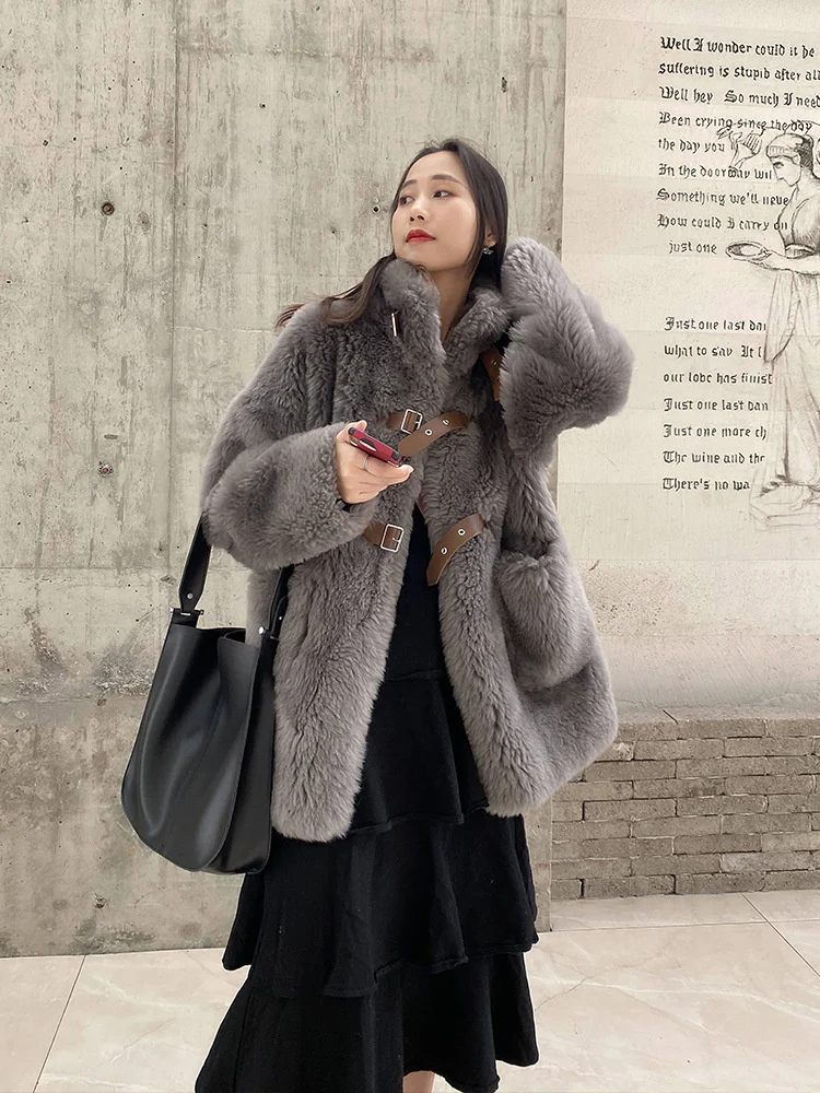 genuine brand 2023 Fashion Winter Jacket Women Fur Coat Thick Stand-up Collar Sheep Shearing Mid-length Loose Luxury Warm Outerw