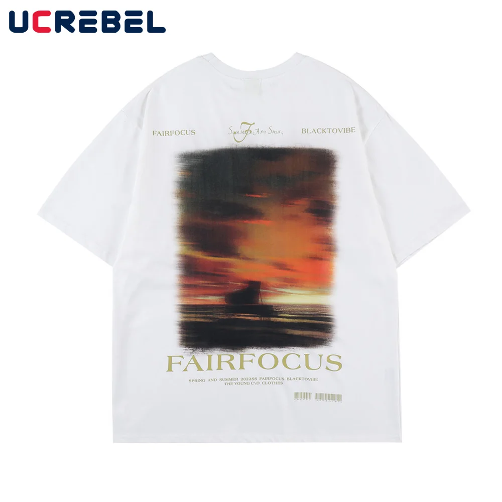 

Футболка мужская с коротким рукавом и круглым вырезом, Повседневная Уличная одежда с принтом пейзажа, хлопковая Свободная рубашка с рукаво...