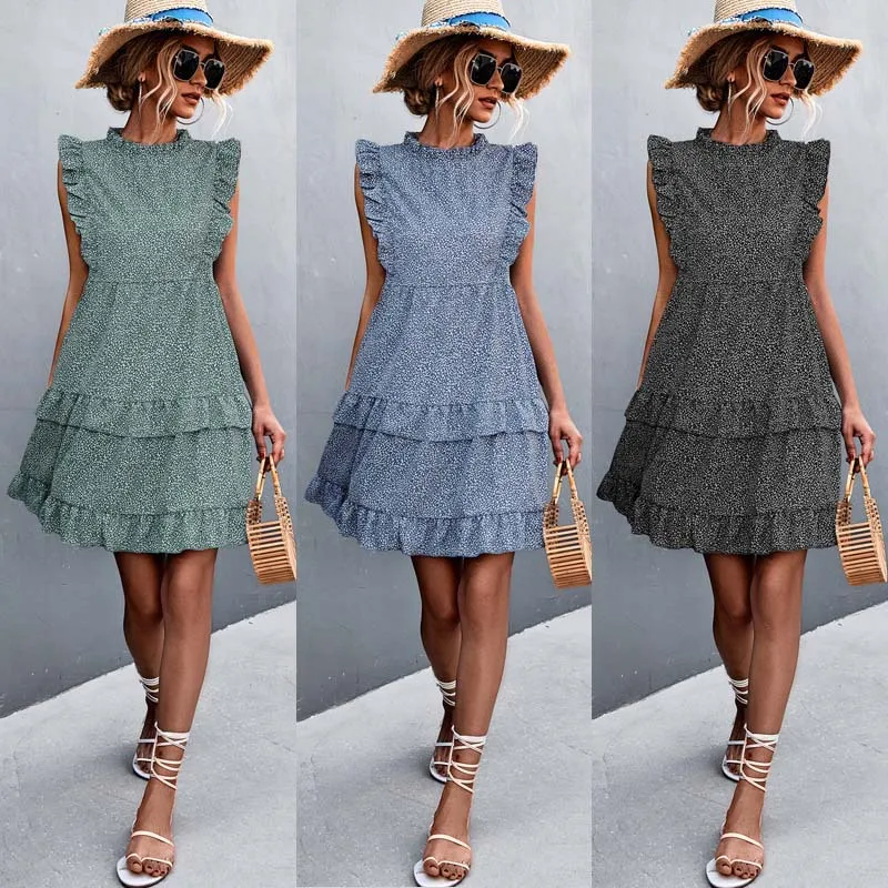 

Mori Girl Style Casual Ruffles Summer Women Short Dress Female High Waist A-Line O Neck Sleevless Beach Bohemian Sundress