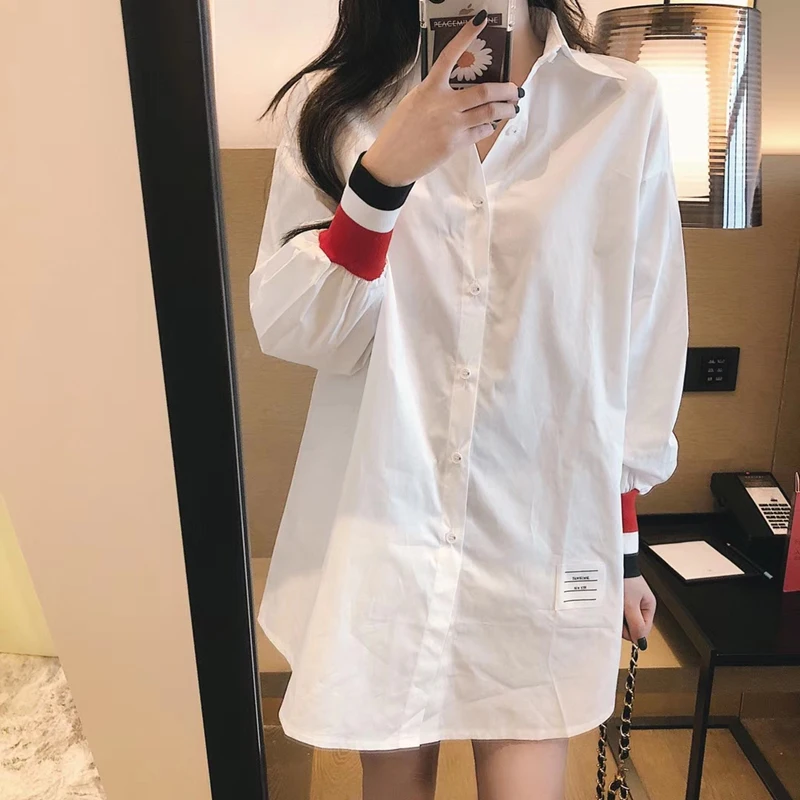 

tb white loose shirt women's spring and summer new college style mid-length cotton Korean version all-match top skirt trend