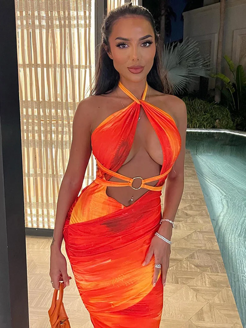 

Rasumavel 2022 Summer Sexy Midi Dress Women Spring High Waist Party Club Printed Halter Bodycon Dress Female