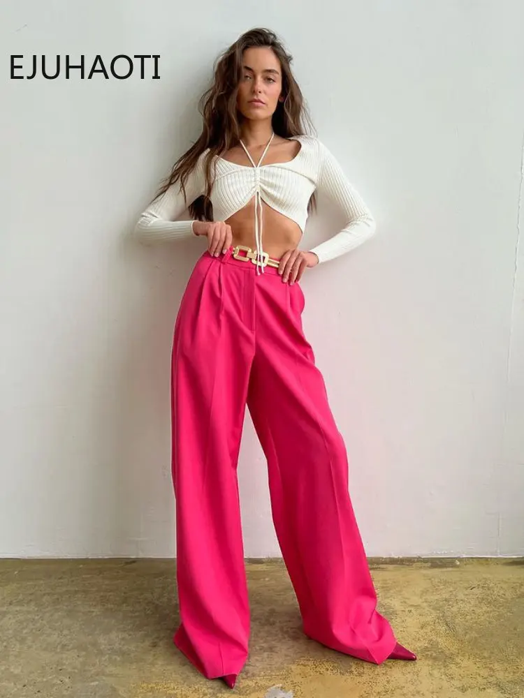 

2023 New Summer Spring Women's Casual Straight Classic Green Black Rose Red High Waist Pants Korean Wide Leg Trousers For Women