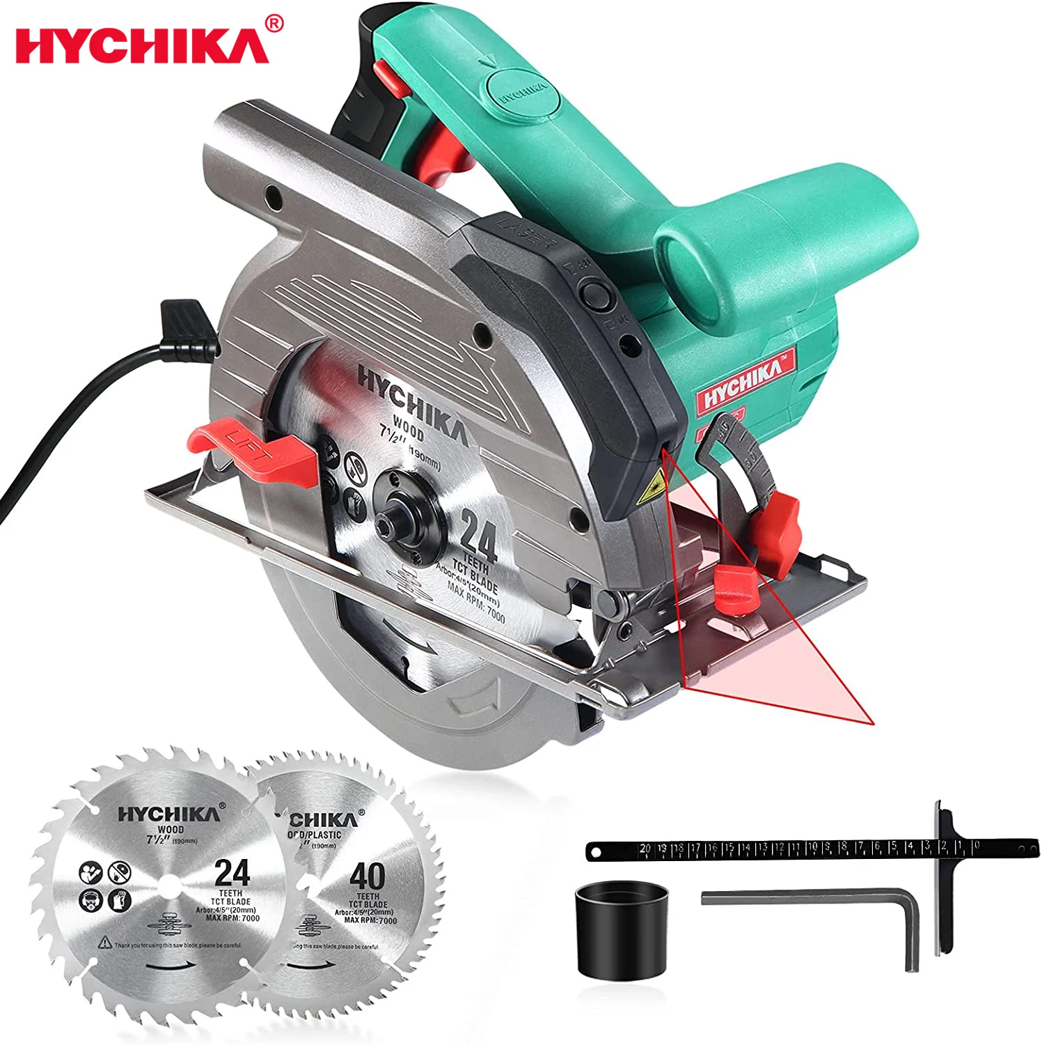 

Циркулярная Пила HYCHIKA, 1500 Вт, 190 мм, электрическая торцовочная пила с лазером, портативные деревообрабатывающие электроинструменты для резки дерева, ПВХ
