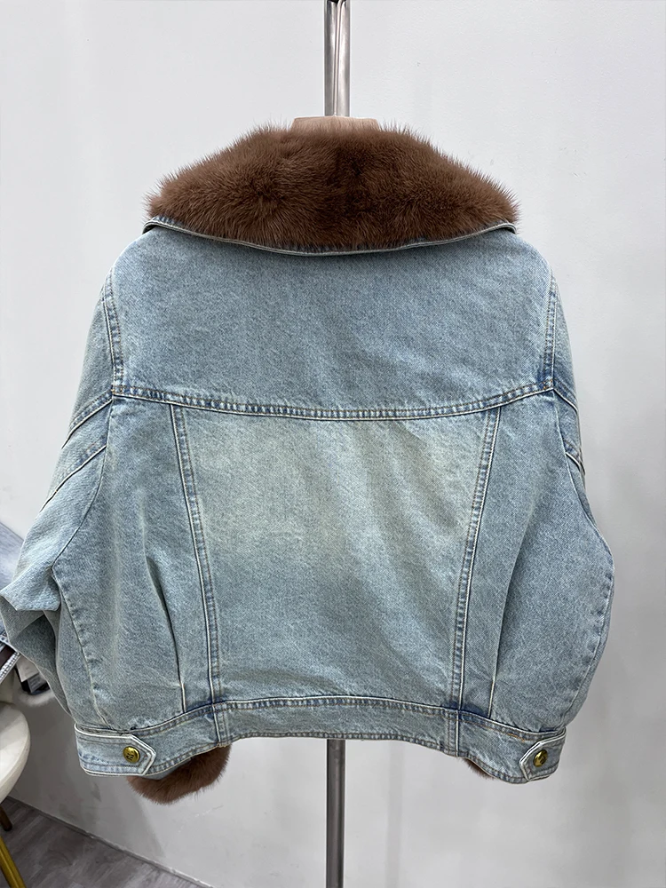 Зимние женские джинсовые пальто с воротником из натурального норкового меха