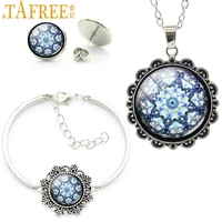 tafree blue mandala buddhist om symbol jewelry sets glass cabochon earrings bracelet necklace men women indian jewelry set ht192