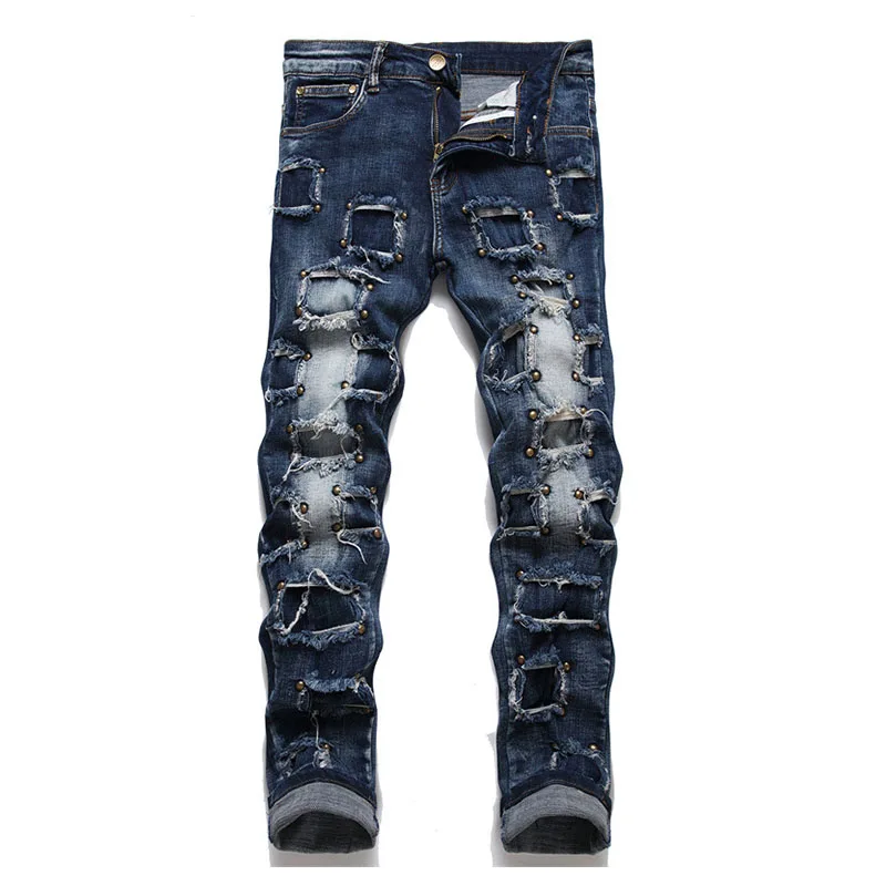 Men Punk Style Rivet Casual Jeans Pants Ripped Straight Streetwear Washed Denim Trousers Pathchwork Slim Fit