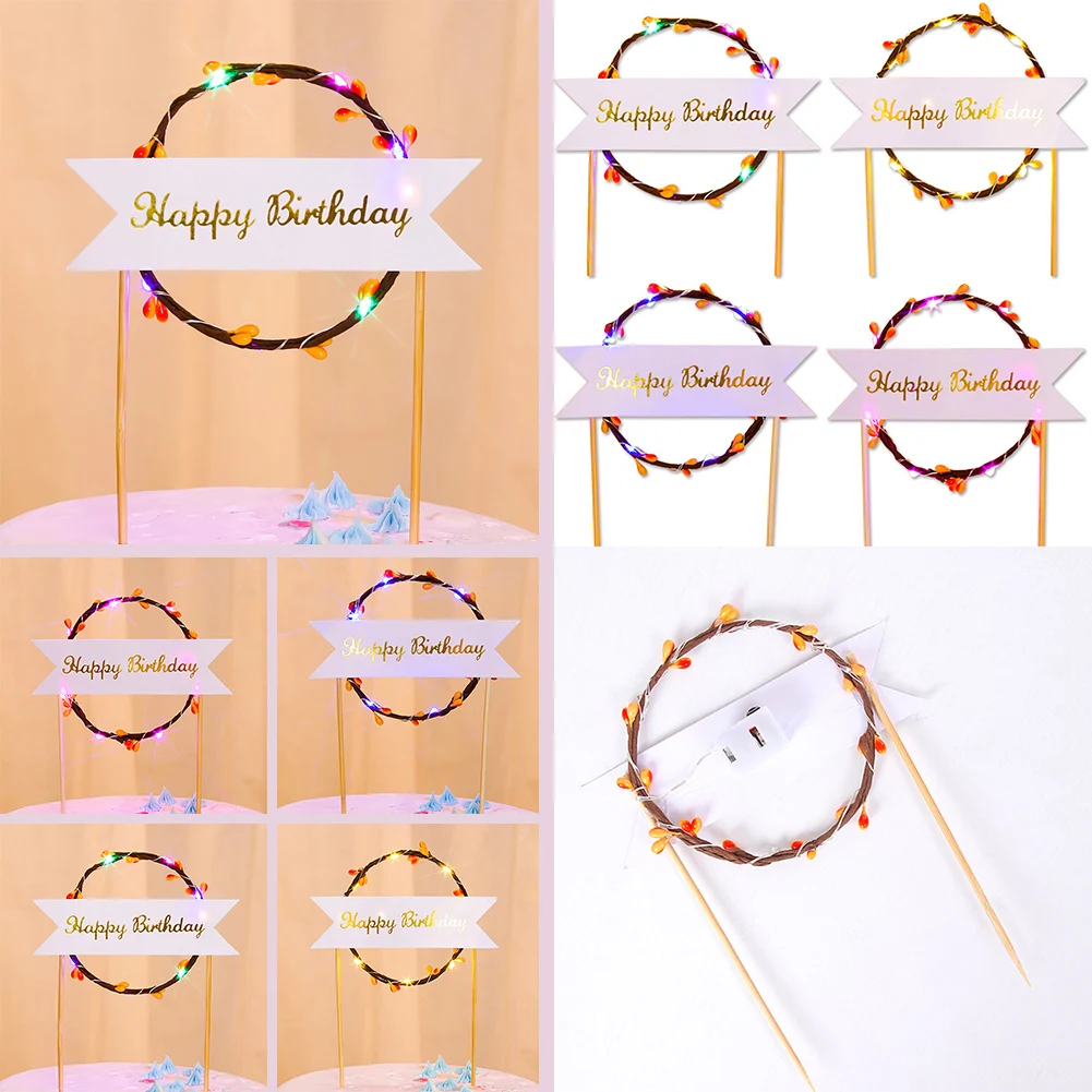 

1pc Romantic LED Luminous Garland Vine Happy Birthday Card Insertion Card Decoration Flag Topper Cake Decorating Tools