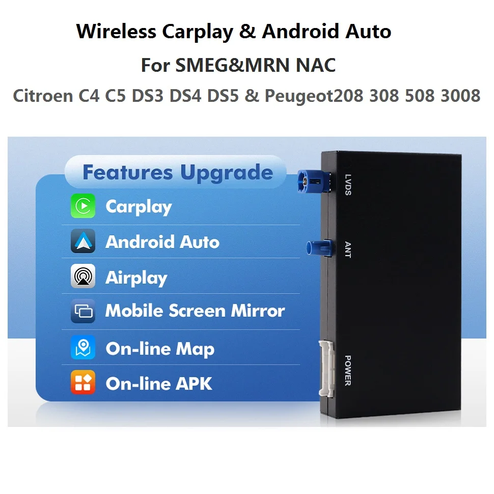 Фото Беспроводной адаптер Carplay для Peugeot Citroen, модуль Android Auto SMEG MRN 208 308 508 3008 и C4 DS3 DS5, поддержка камеры заднего вида №1