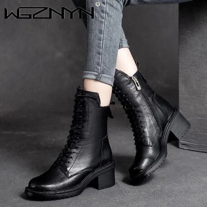 

2022 Genuine PU Leather Quality Women Retro Shoes Autumn Winter Square Med Heel Ankle Boots Lace Up Zipper Ladies Pumps Size 40