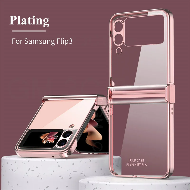 

Hinge Case For Samsung Z Flip 3 5G Plating Transparent Phone Case For Galaxy Z Flip3 SM-F711B Clear Electroplated Phone Cover