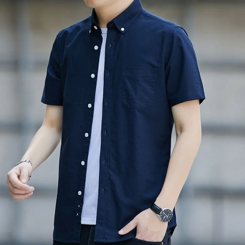 Men's Short Sleeve Oxford Solid Color Smart Casual Shirt Front Patch Chest Pocket Regular-fit Button-down Collar Work Shirts E61
