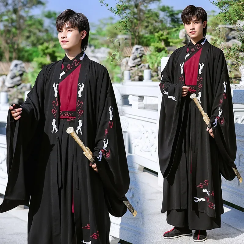 

Китайское традиционное черное платье ханьфу с вышивкой кирина для мужчин и женщин, костюм пары династии Хань, одежда для косплея с изображением древнего меча